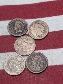 Lot of 5 Various Dated Copper Nickel Indian Head Cents