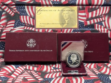 1993-S PROOF Thomas Jefferson 250th Anniv. Commemorative Silver Dollar in OGP w/ COA