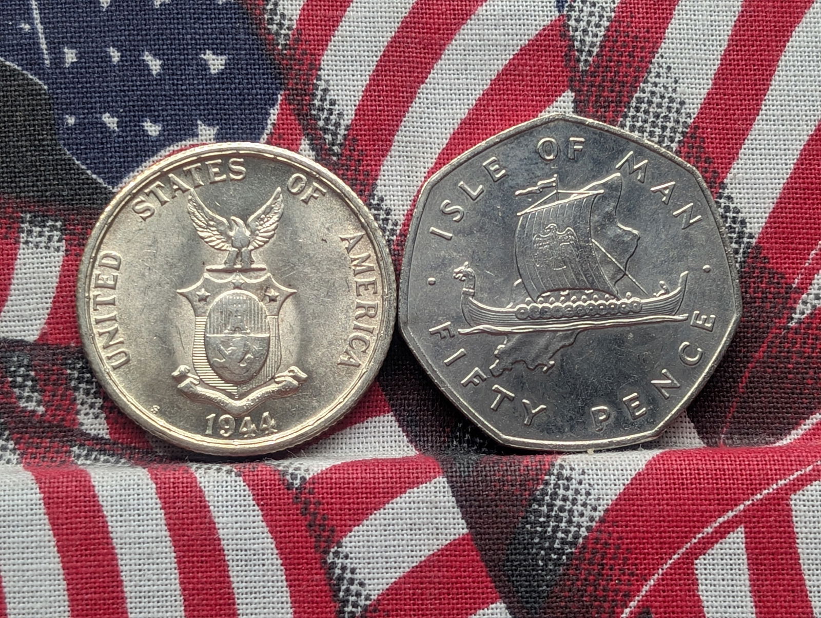 1976 Isle of Man 50 Pence & 1944-S Philippines 50 Silver Centavos (2 PCS) (1 of 2)