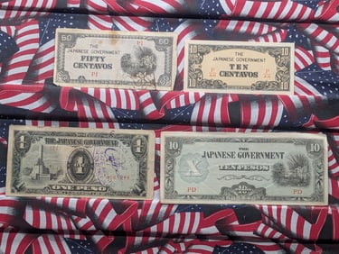 (4) Japanese Government Notes, One Peso, Ten Pesos, Ten Centavos & Fifty Centavos