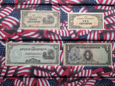 (4) Japanese Government Notes, One Peso, Ten Pesos, Ten Centavos & Fifty Centavos