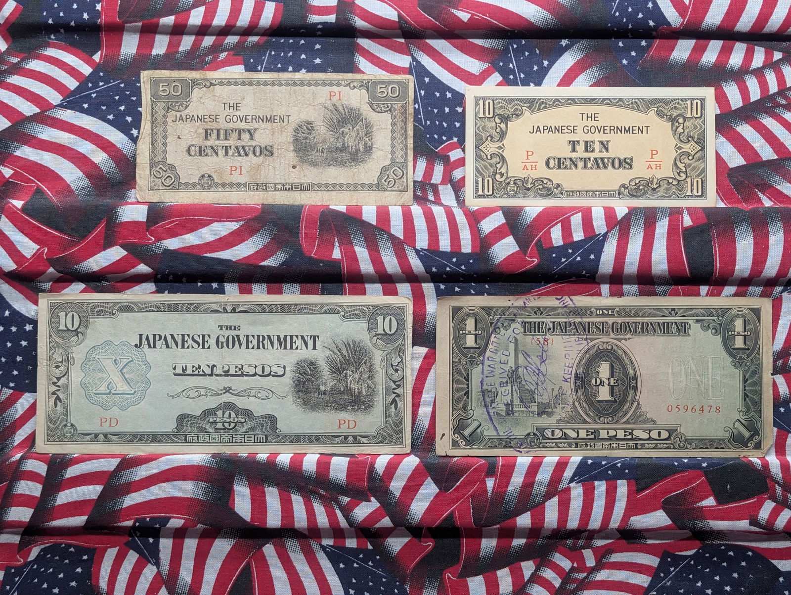 (4) Japanese Government Notes, One Peso, Ten Pesos, Ten Centavos & Fifty Centavos (1 of 7)