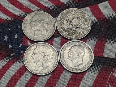 (1) 1925 - Austria 10 Groschen; (1) 1962 Greece 1 Drachma; 1950, 1967 Belgium 1 Franc Coin