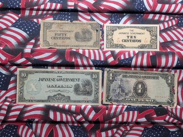 (4) Japanese Government Notes, One Peso, Ten Pesos, Ten Centavos & Fifty Centavos