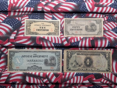 (4) Japanese Government Notes, One Peso, Ten Pesos, Ten Centavos & Fifty Centavos