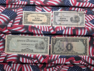 (4) Japanese Government Notes, One Peso, Ten Pesos, Ten Centavos & Fifty Centavos