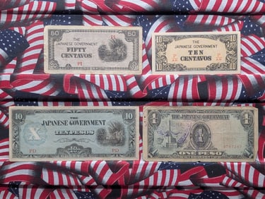 (4) Japanese Government Notes, One Peso, Ten Pesos, Ten Centavos & Fifty Centavos