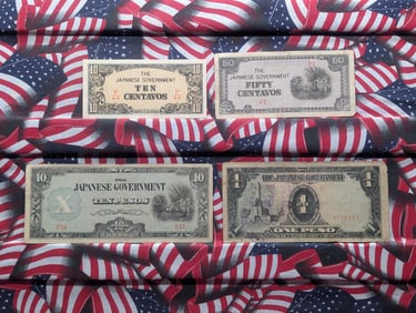 (4) Japanese Government Notes, One Peso, Ten Pesos, Ten Centavos & Fifty Centavos