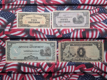 (4) Japanese Government Notes, One Peso, Ten Pesos, Ten Centavos & Fifty Centavos