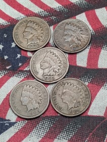 5 Indian Head Pennies 1901, 1903, 1905, 1906 & 1908