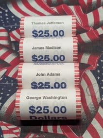 Complete Set of Four Full Rolls of 2007 Presidential Dollars, in OGW's, $25 Rolls, Adams,
