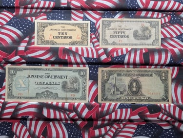 (4) Japanese Government Notes, One Peso, Ten Pesos, Ten Centavos & Fifty Centavos