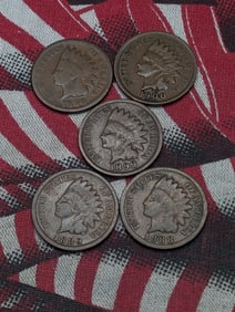 5 Indian Head 1 cent Pennies 1888, 1889, 1899, 1890 & 1900
