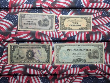 (4) Japanese Government Notes, One Peso, Ten Pesos, Ten Centavos & Fifty Centavos