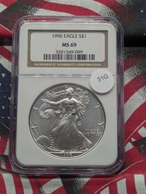 1996 American Silver Eagle. KEY DATE. 1 Troy Ounce .999 Fine Silver Dollar. NGC MS69. Top Tier