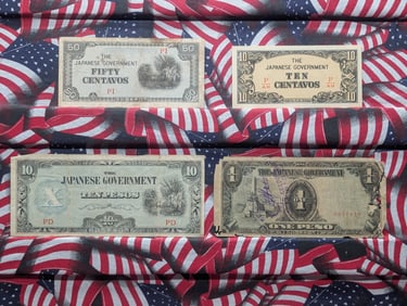 (4) Japanese Government Notes, One Peso, Ten Pesos, Ten Centavos & Fifty Centavos