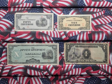 (4) Japanese Government Notes, One Peso, Ten Pesos, Ten Centavos & Fifty Centavos