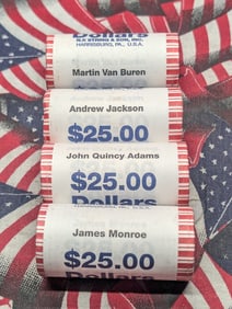Complete Set of Four Full Rolls of 2008 Presidential Dollars, in OGW's, $25 Rolls, J.Q. Adams,