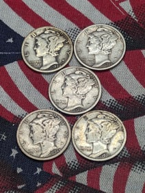 1925, 1926, 1927, 1928, & 1929 Mercury Dimes