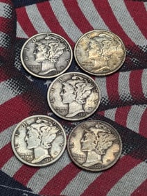 1925, 1926, 1927, 1928, & 1929 Mercury Dimes
