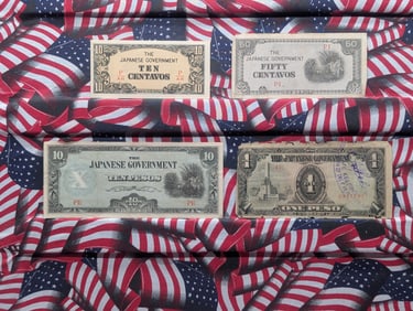 (4) Japanese Government Notes, One Peso, Ten Pesos, Ten Centavos & Fifty Centavos