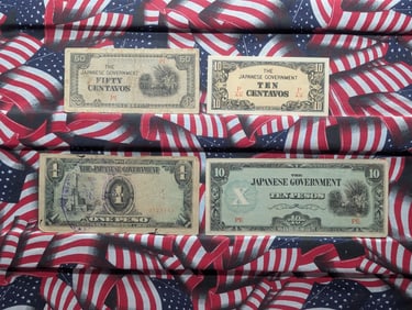 (4) Japanese Government Notes, One Peso, Ten Pesos, Ten Centavos & Fifty Centavos
