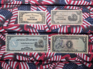 (4) Japanese Government Notes, One Peso, Ten Pesos, Ten Centavos & Fifty Centavos
