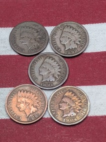 5 Assorted Indian Head Cents, 1883, 1898, 1891, 1904, 1907