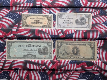 (4) Japanese Government Notes, One Peso, Ten Pesos, Ten Centavos & Fifty Centavos
