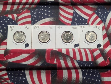 1951-S, 1952-D, 1954-D, & 1955-P Roosevelt Dimes, All 90% Silver