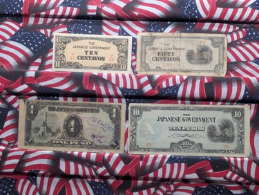 (4) Japanese Government Notes, One Peso, Ten Pesos, Ten Centavos & Fifty Centavos