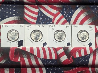 1946-P, 1947-S, 1948-P, & 1951-D Roosevelt Dimes, All 90% Silver