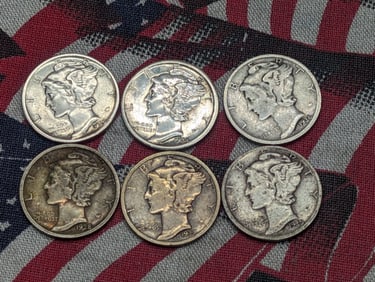 1934-D, 1935-D, 1936-D, 1937-D, 1938-D, & 1939-D Mercury Dimes