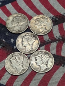1935-S, 1936-S, 1937-S, 1938-S, & 1939-S Mercury Dimes