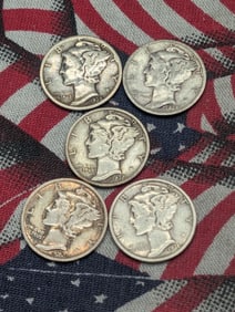 1935-S, 1936-S, 1937-S, 1938-S, & 1939-S Mercury Dimes