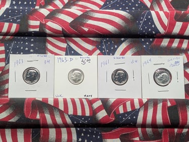 1961-P, 1963-P, 1963-D, & 1964-P Roosevelt Dimes, All 90% Silver BU