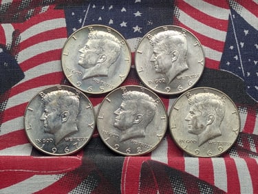 1965, 1966, 1967, 1968-D, & 1969-D Kennedy Half Dollars. 40% Silver.