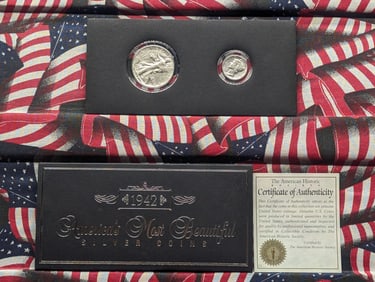 1942 America's Most Beautiful Silver Coins Walking Liberty & Mercury Dime W Certificate of