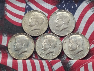 1965, 1966, 1967, 1968-D, & 1969-D Kennedy Half Dollars. 40% Silver.