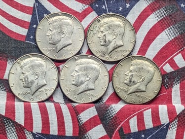 1965, 1966, Two 1967, & 1968-D Kennedy Half Dollars. 40% Silver.