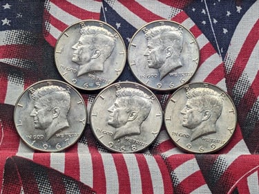 1965, 1966, 1967, 1968-D, & 1969-D Kennedy Half Dollars. 40% Silver.