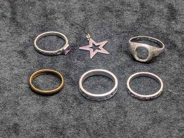 Four .925 Rings, Missing Stones. Two Size 8 & Two Size 9, (1) Brass or/Copper Ring & a Star pendant,