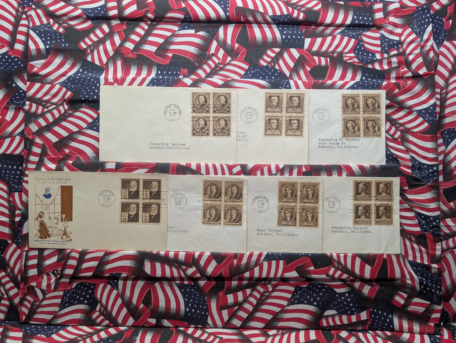 (7) Four Block First Day Covers, All Are Famous Americans: (7) Four Block First Day Covers, All Are Famous Americans