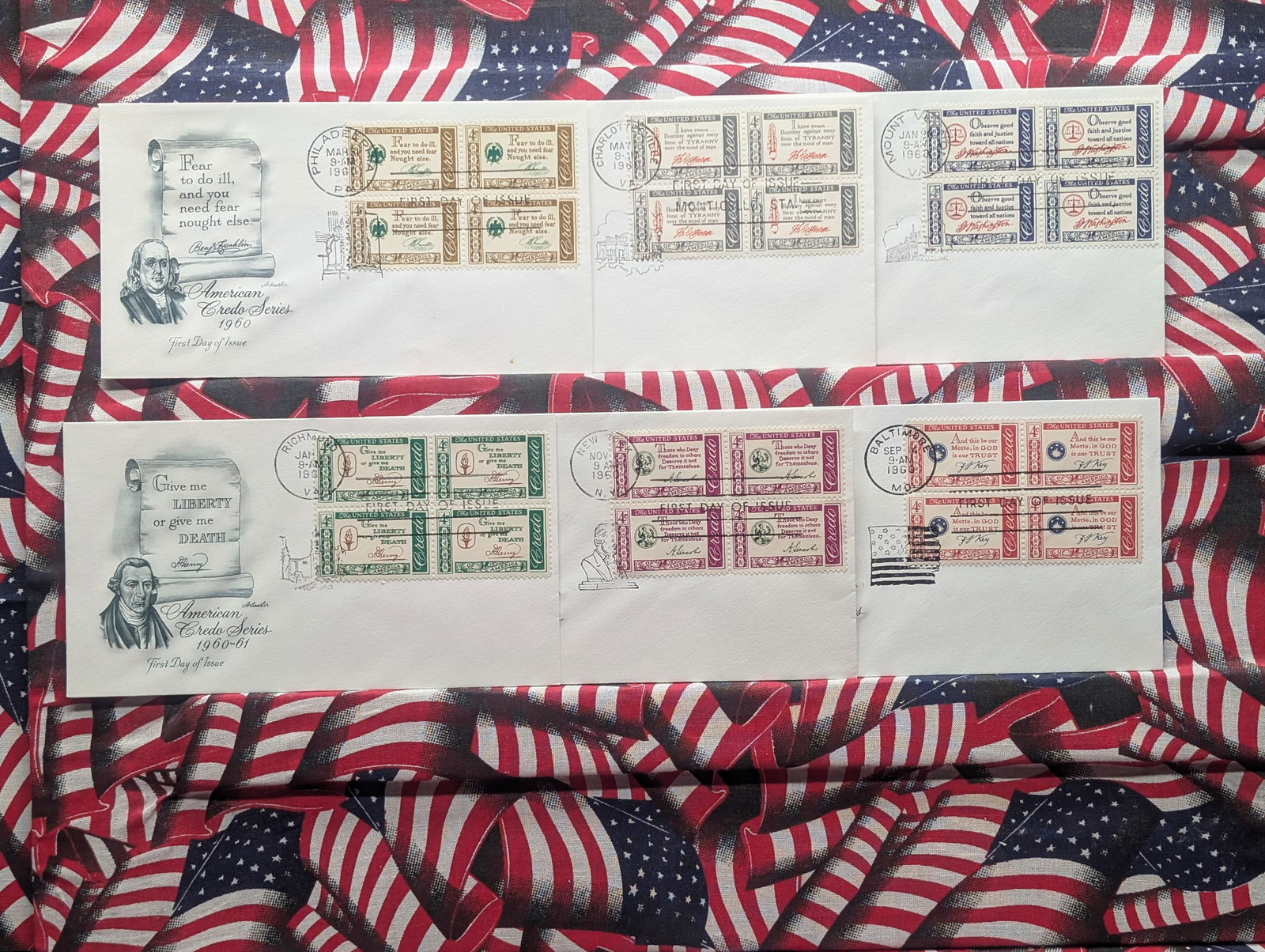 1960 Complete Set America "Credo Of America" Series Four Block Cachets (1 of 7)