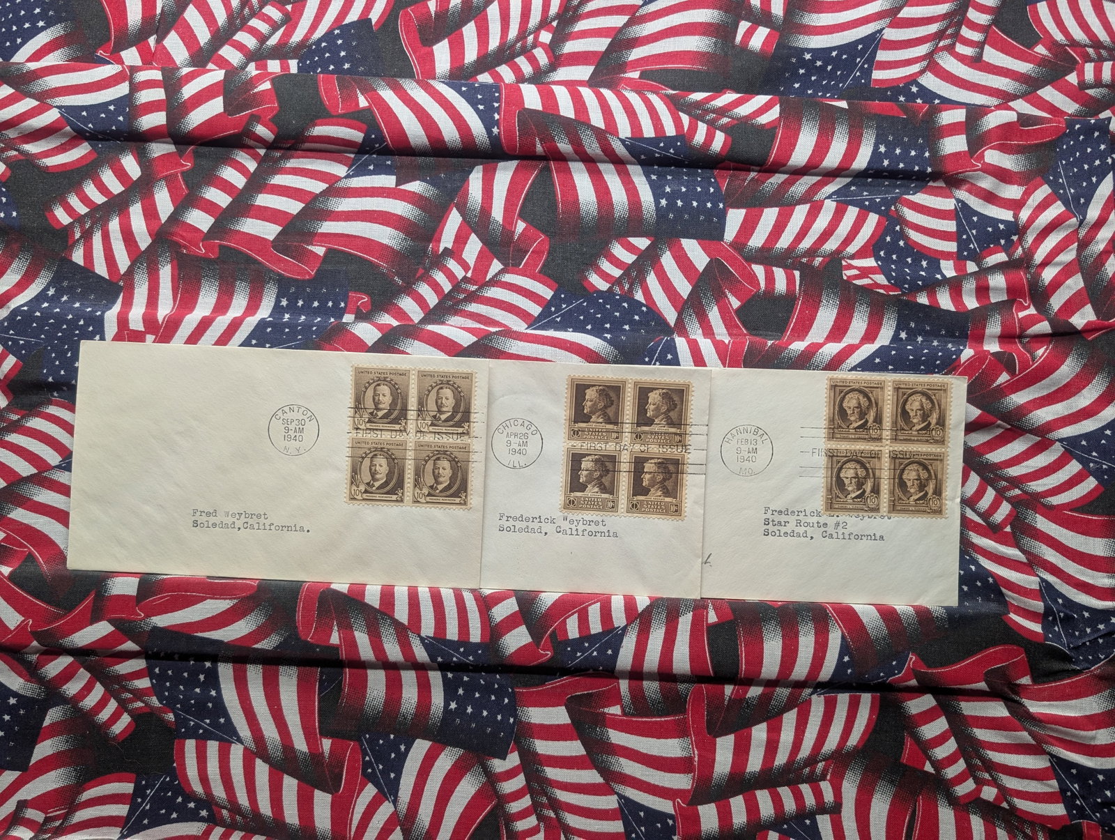 (3) 1940 Famous Americans Four Block First Day Covers, All Mint: (3) 1940 Famous Americans Four Block First Day Covers, All Mint