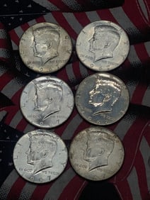 Six 1967-P Kennedy Half Dollars. 40% Silver.