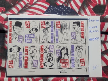 1993 Plate Block Of "Stars Of The Silent Screen" Stamps, # 2819-28