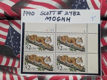 1990 Plate Block Of "Bobcat" Stamps", Scott # 2482, Mint, Original Gum, Never Hinged