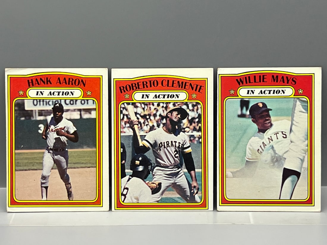 1972 Topps In Action #50 Willie Mays, #300 Hank Aaron, #310 Roberto Clemente (1 of 2)