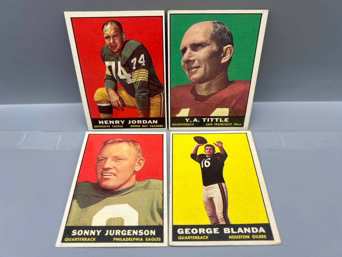 Lot of (4) 1961 Topps Football Star Player Cards - Varying Conditions - Jordan, Tittle, Jurgenson,: Lot of (4) 1961 Topps Football Star Player Cards - Varying Conditions - Jordan, Tittle, Jurgenson, Blanda